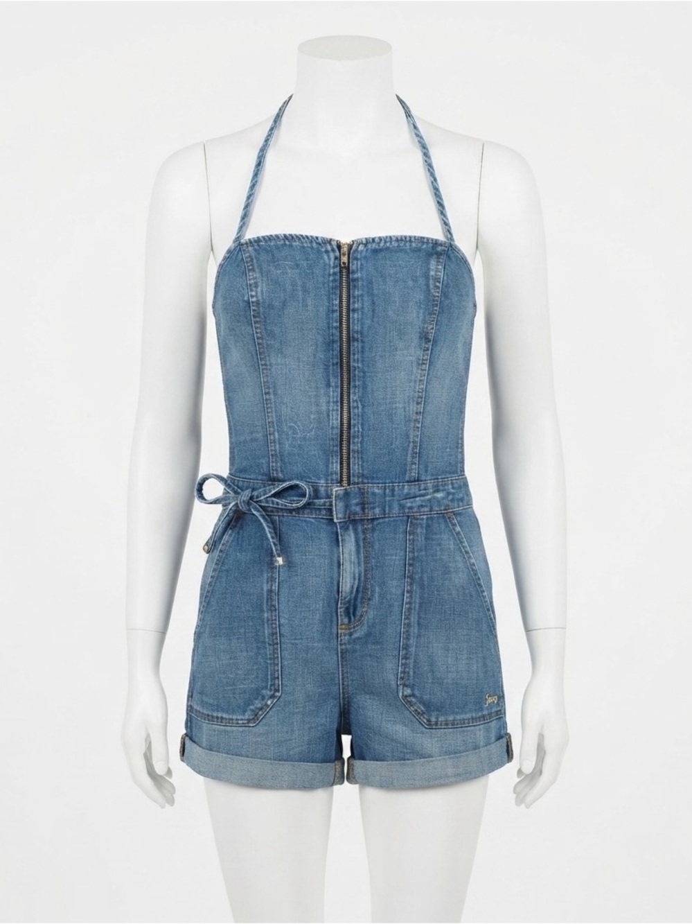 Juicy Couture Denim Halter Romper Zip Front Tie Waist Festival Summer One Piece